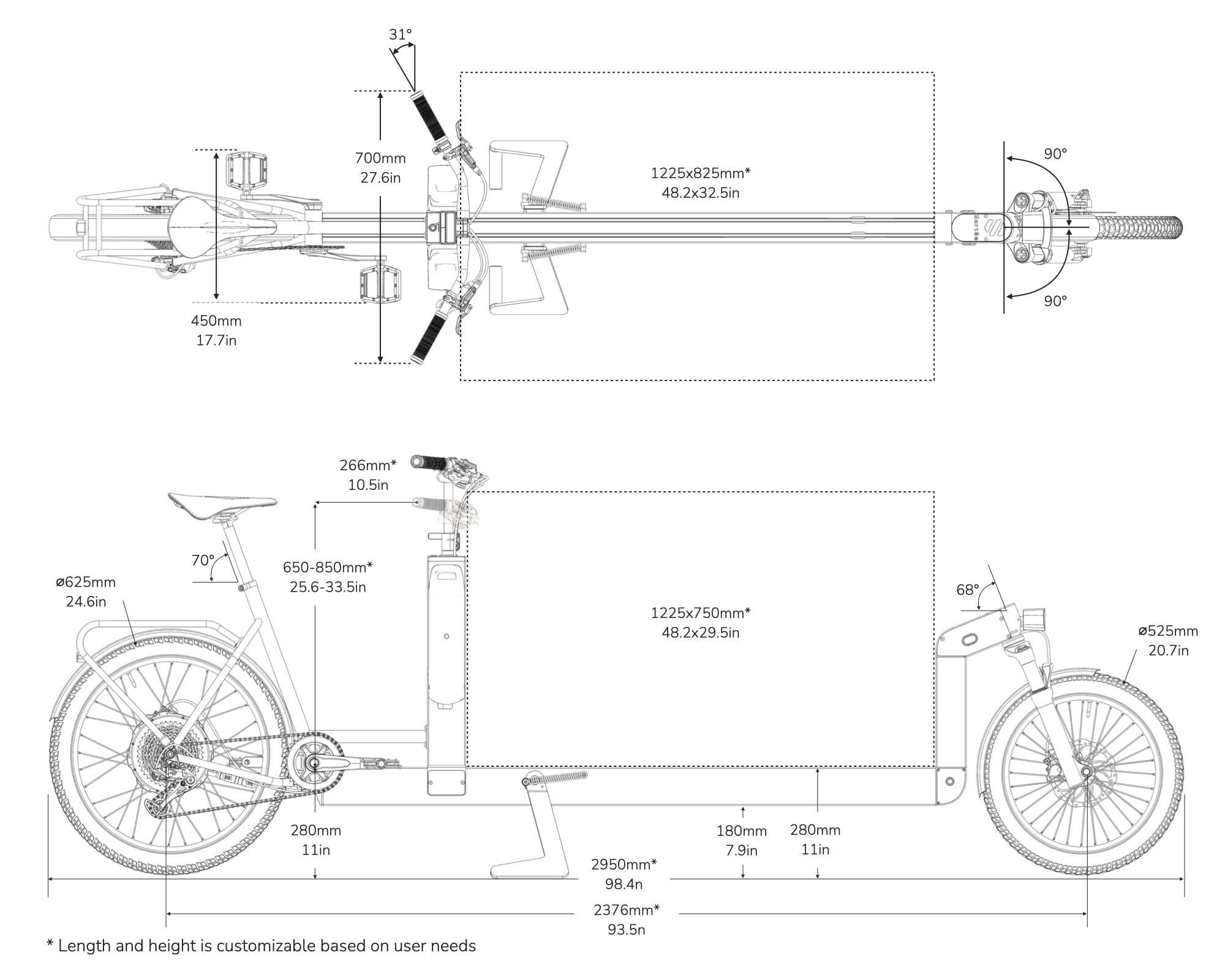 S120 Cargo bike geometry chart, side view and top view, length,width,height of bicycle
